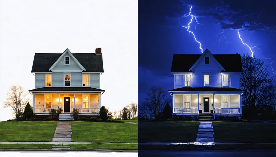 House with lights on during neighborhood power outage, demonstrating backup power system effectiveness