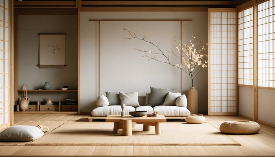 Modern Japandi living room with natural wood coffee table, minimalist sofa, and bamboo accents