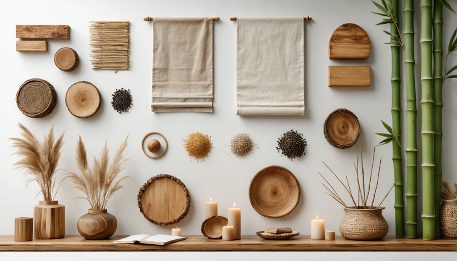 Flat lay of Japandi design materials showing wood, textile, and natural fiber samples