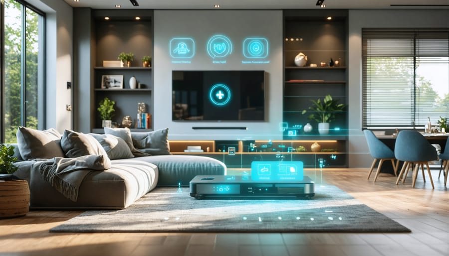 JARVIS-enabled smart living room showcasing various integrated smart home features