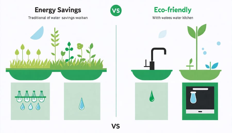 Comparative chart of water and energy savings between conventional and efficient kitchen fixtures