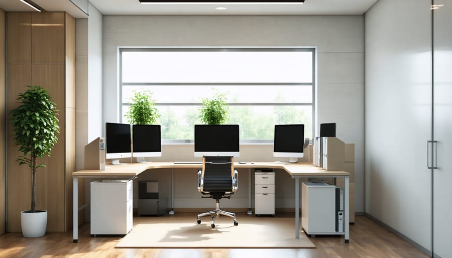 Real small office showing three desks arranged in L-shape configuration with efficient space usage