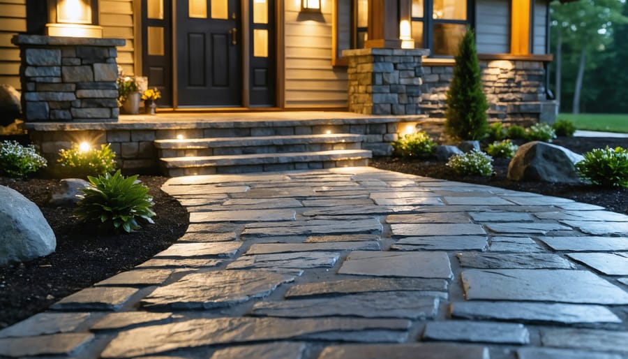 Illuminated curved stone pathway with modern landscape lighting leading to front entrance