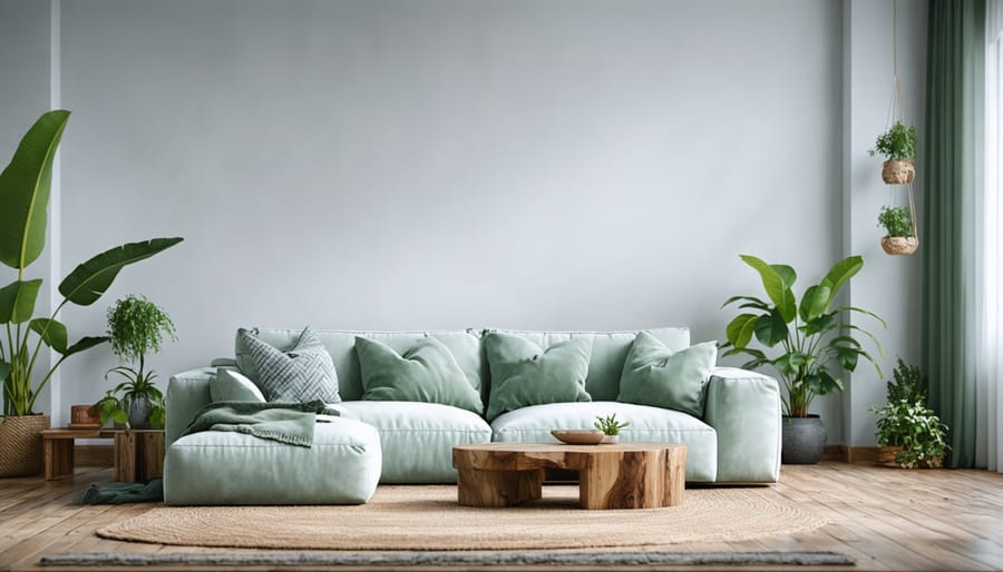 Bright minimalist living room featuring a light sofa, simple coffee table, and uncluttered surfaces