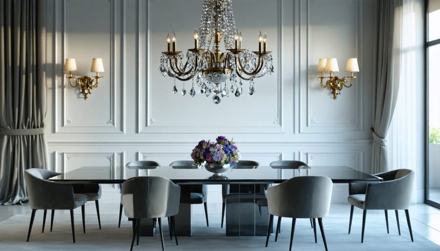 Dining room featuring contrast between vintage chandelier and modern table set