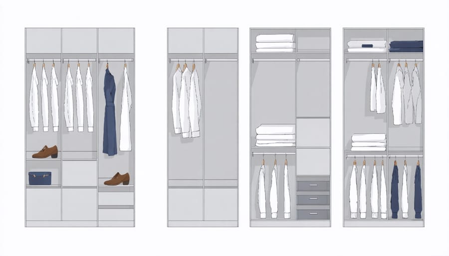 Adjustable closet storage system demonstrating multiple shelf and rod positions