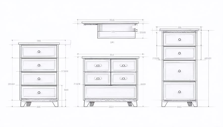 Technical diagram showing the separate components and assembly process of a modular dresser