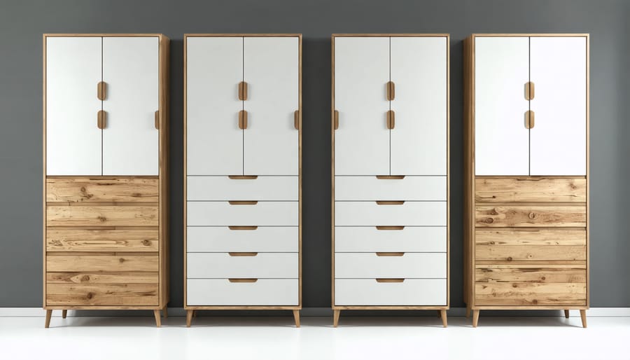 Multiple arrangements of a modular dresser system demonstrating its flexibility in different spaces