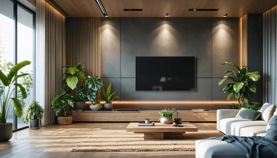 Stylish living room interior with natural acoustic treatment elements including wood panels and plants