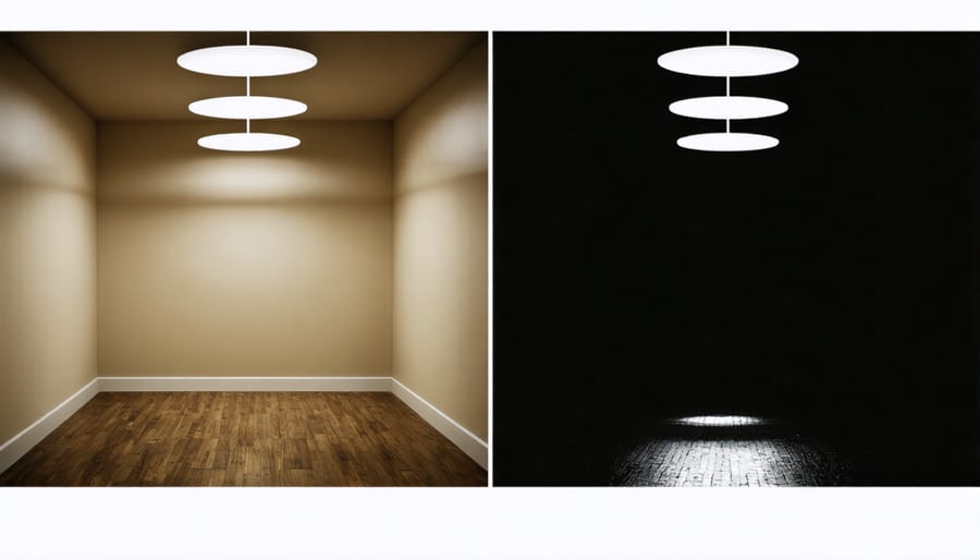 Side-by-side comparison showing the impact of solar tubes and reflective materials in a previously dark space