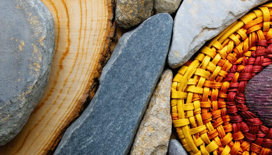 Collection of natural building materials showing wood, stone, and organic textile textures