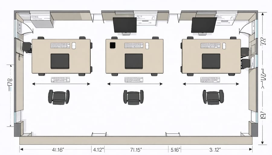 Floor plan diagram showing three different desk layouts with dimensions and walking paths marked