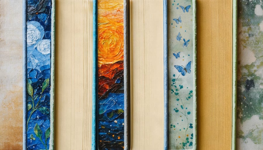 Display of colorful handmade bookmarks created from old greeting cards, magazine cutouts, and decorative packaging