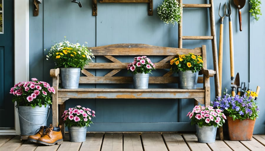 Rustic spring entryway display with wooden bench, flower buckets, and vintage decor