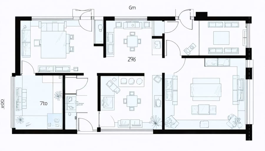 Floor plan diagram with highlighted security device locations and coverage zones