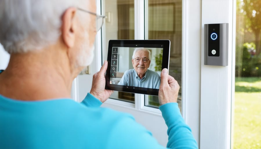 Elderly person using an accessible tablet interface to monitor their smart doorbell camera