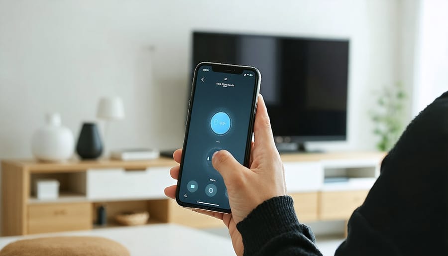 Smart home user controlling automated cleaning devices through mobile app