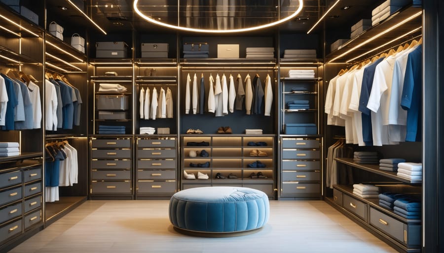 Smart closet with automated rack system and LED lighting in operation