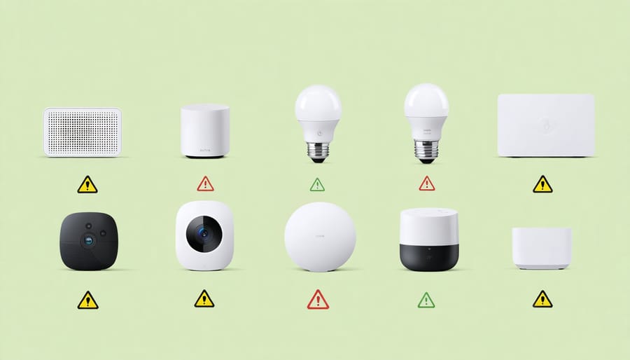 Various smart home devices with highlighted security vulnerability points