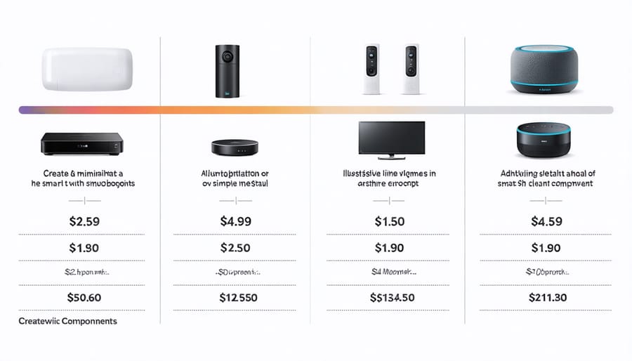 Visual breakdown of smart home system components including hub, sensors, and controllers with associated costs