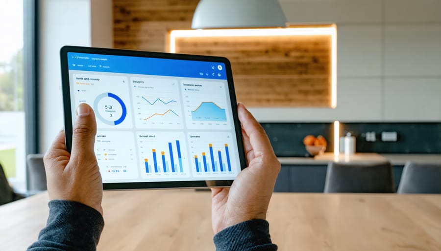 Digital tablet showing home energy consumption metrics and smart device controls