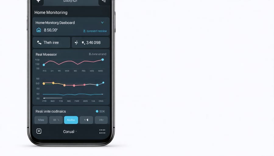 Mobile app interface showing smart home sensor readings and maintenance alerts