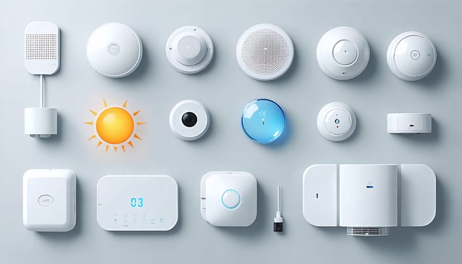 Display of different types of smart home IoT sensors with LED indicators