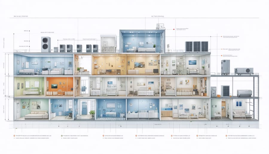 Technical illustration of a smart HVAC system with labeled zones and airflow patterns