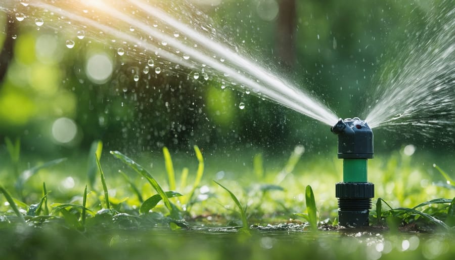 Automated garden irrigation system with visible moisture sensors and controlled water spray