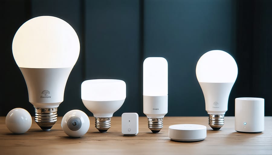 Various smart LED bulbs and motion sensors displayed in a modern home setting