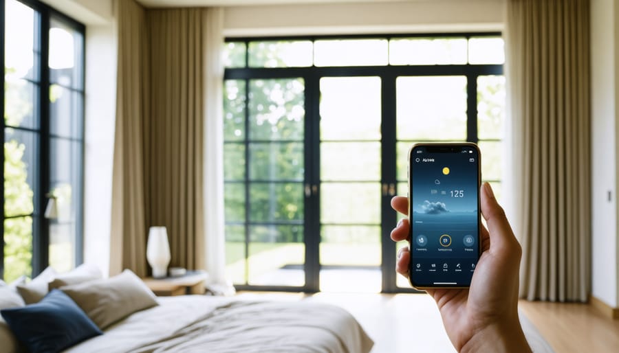 Mobile app interface demonstrating smart window treatment controls and automation settings