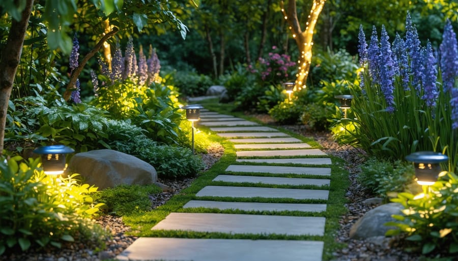 Evening garden path illuminated by solar landscape lighting with indigenous plantings