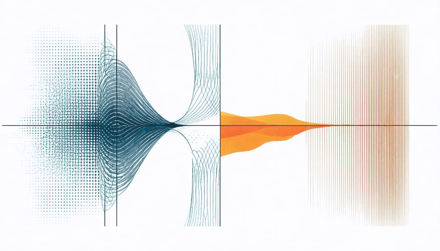 Visual comparison of sound waves being absorbed by soft materials versus diffused by textured surfaces