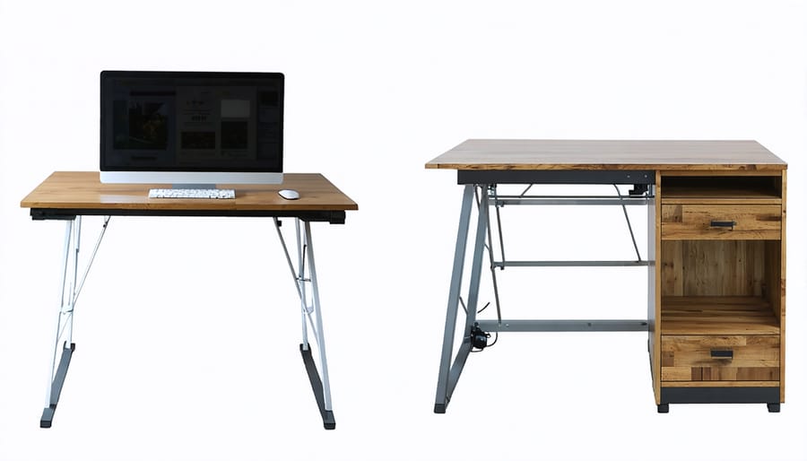 Collection of compact desk designs featuring storage solutions and space-saving features