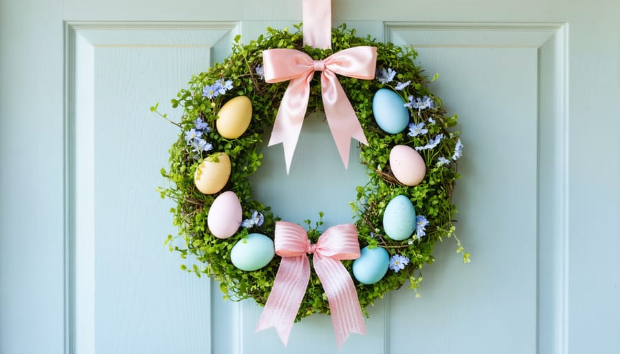 DIY spring wreath featuring seasonal elements and soft spring colors