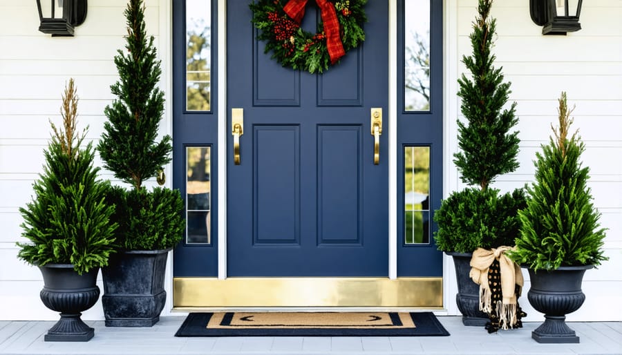 Modern navy front door with brass knocker and decorative planters