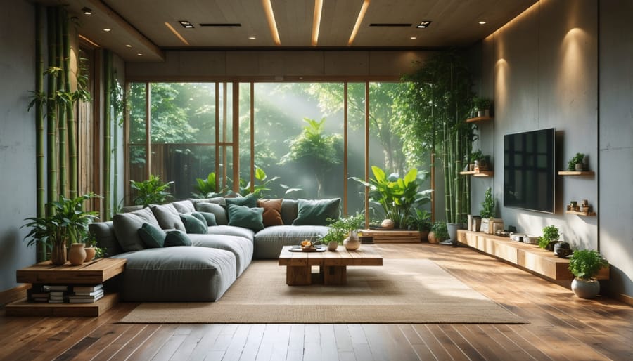 Eco-friendly living room with sustainable materials and natural lighting