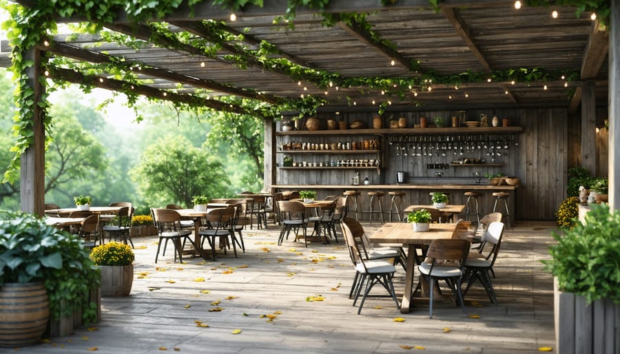 Sustainable outdoor dining space with recycled furniture and natural shade solutions