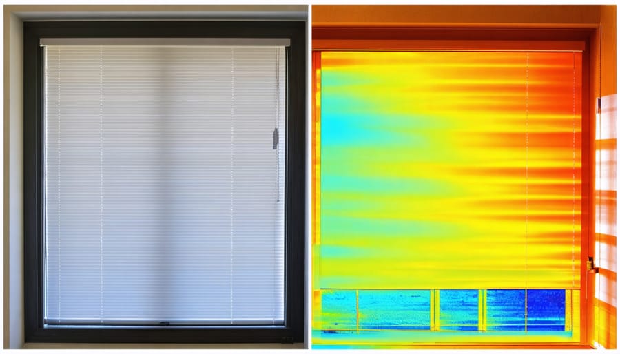 Thermal image comparison of windows with and without cellular shades showing heat loss reduction