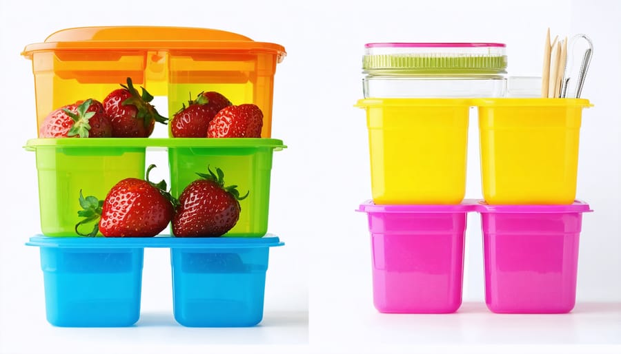 Side-by-side comparison showing plain yogurt containers transformed into decorated desk organizers holding school supplies