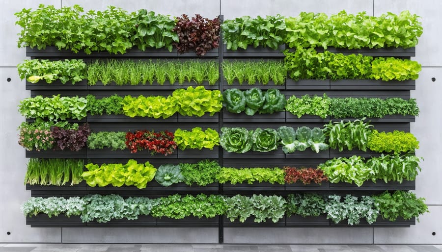 Multi-level vertical garden system with thriving vegetables and herbs