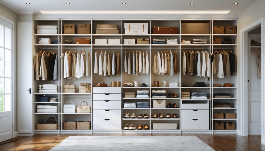 Vertical storage solution showing pull-down clothing racks and high storage utilization