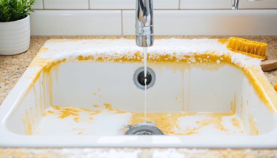 Demonstration of vinegar and baking soda cleaning transformation on a kitchen sink