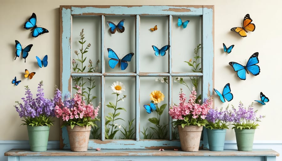 Upcycled window frame transformed into spring wall art featuring pastel butterflies