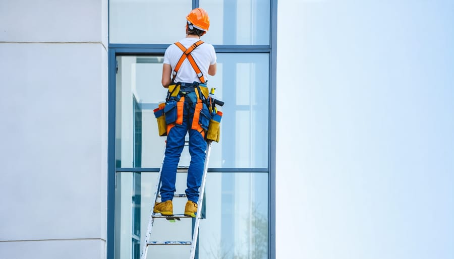 Window cleaner demonstrating proper safety equipment and protective gear while on ladder