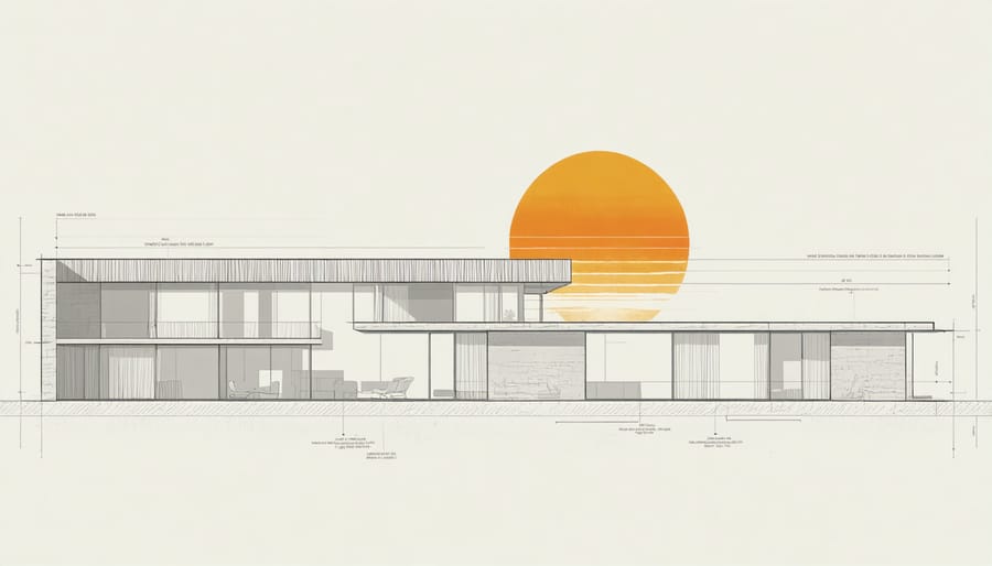 Technical illustration of optimal window positioning for natural light optimization throughout the day