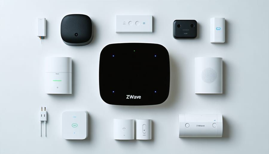 Z-Wave hub shown with various connected devices including smart locks, sensors, and switches